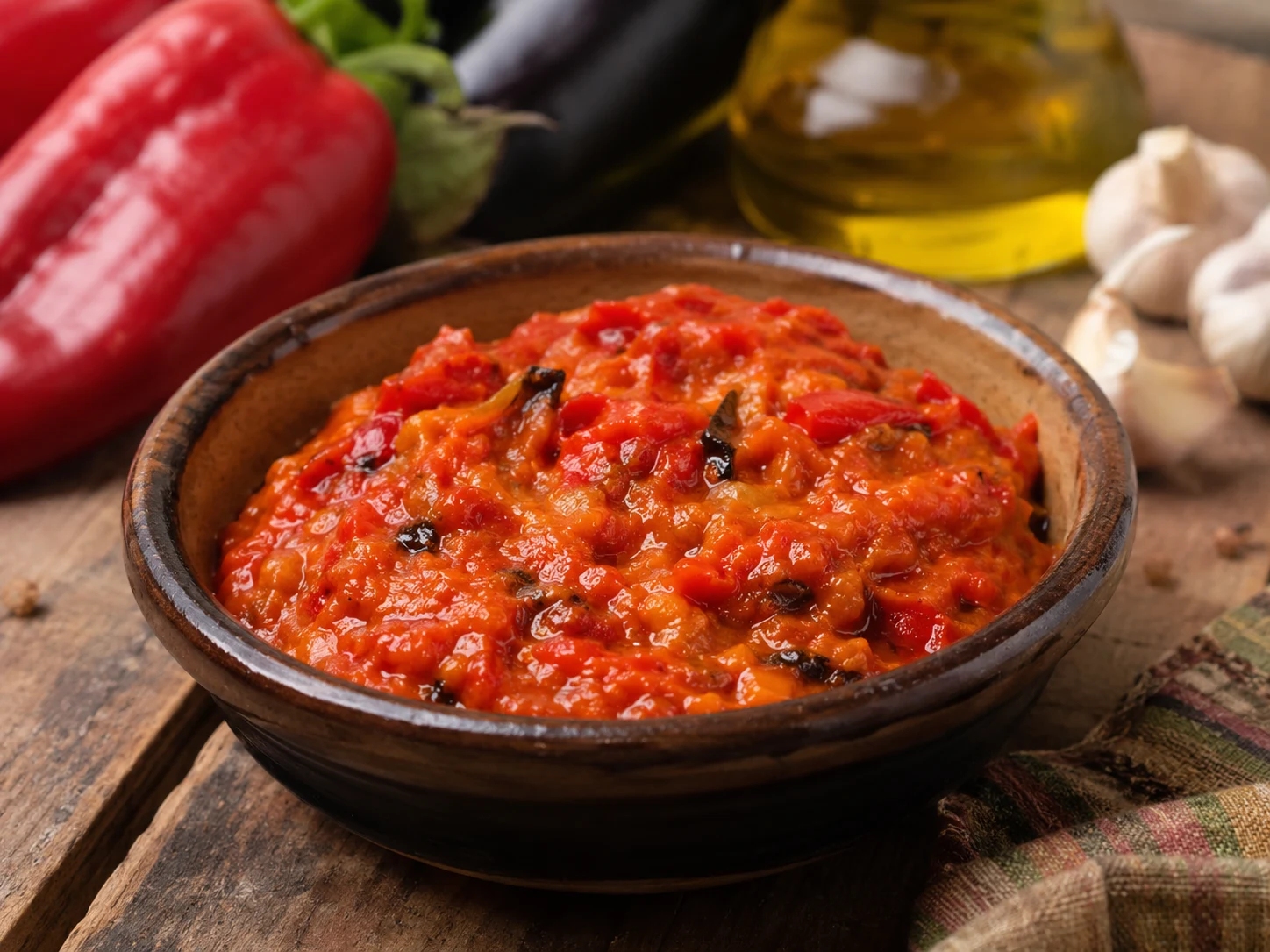 Ajvar hecho con pimientos asados y berenjena