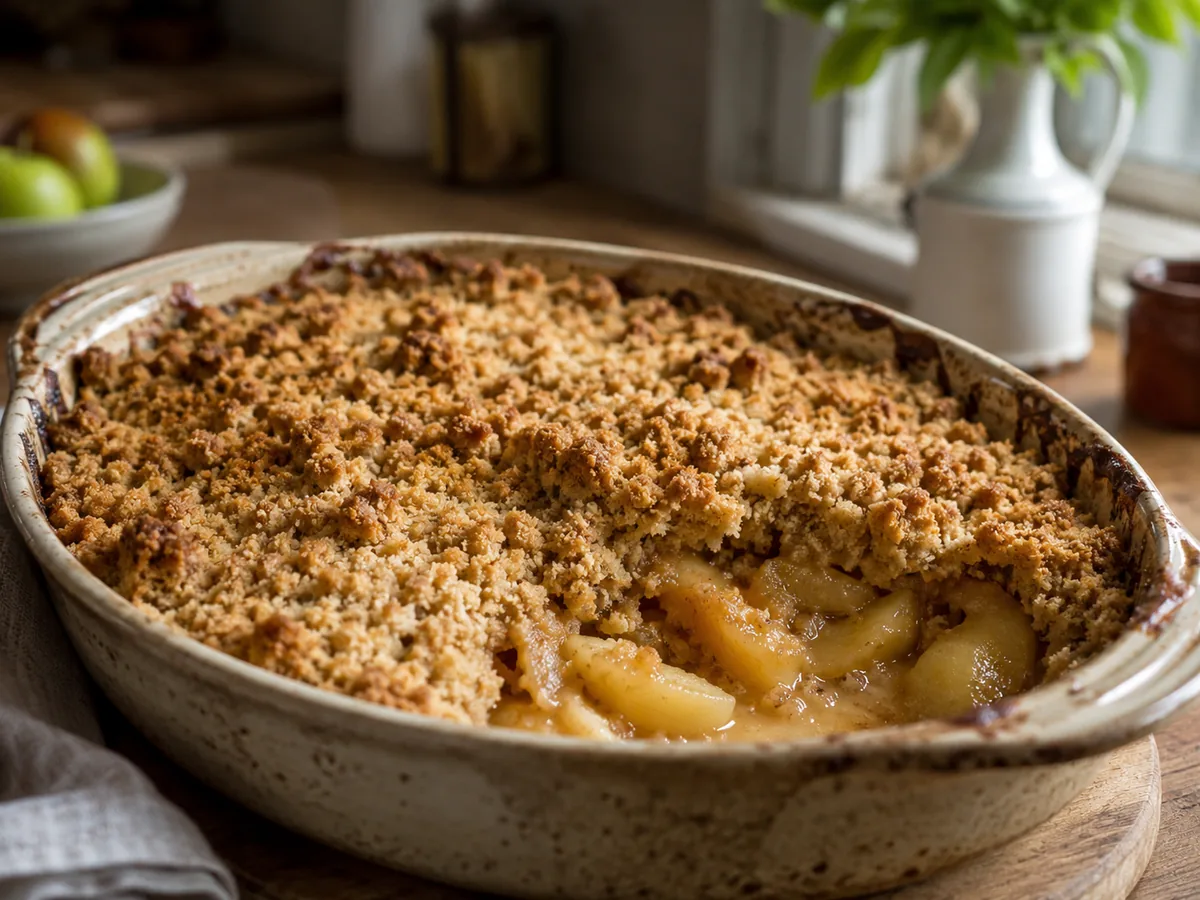Crumble de manzana con cobertura dorada en una fuente de horno