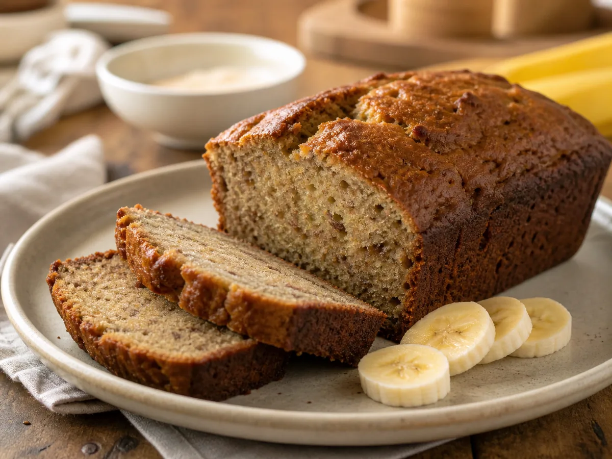 Rebanadas de pan de plátano con miga dorada y tierna en un plato