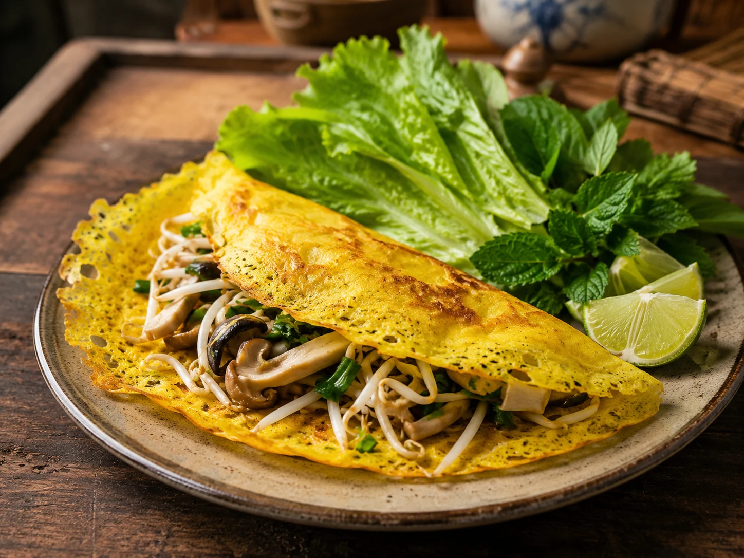 Bánh xèo crujiente de cúrcuma con relleno vegetal
