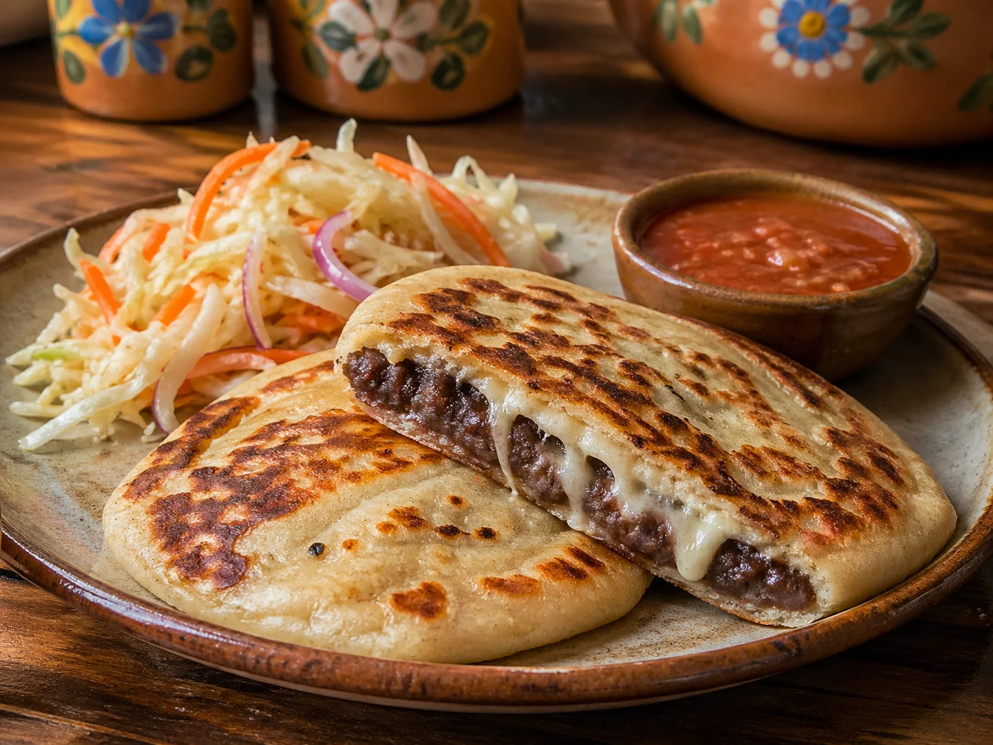 Pupusas de frijol y queso con curtido y salsa roja