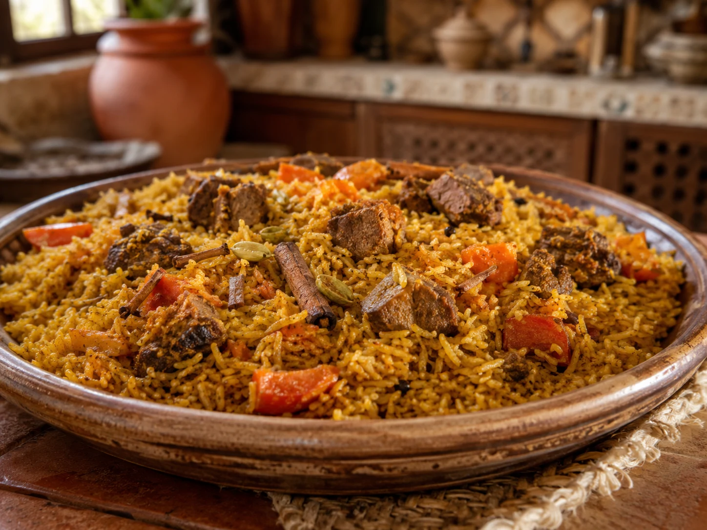 Kabsa de ternera con arroz especiado, tomate y zanahoria