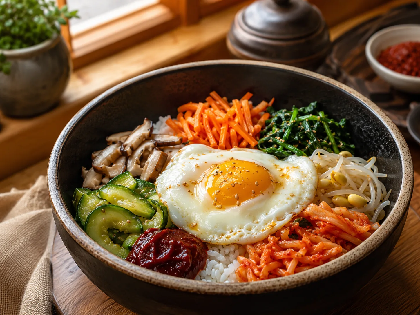 Bol de bibimbap con arroz, verduras, huevo y salsa de chile