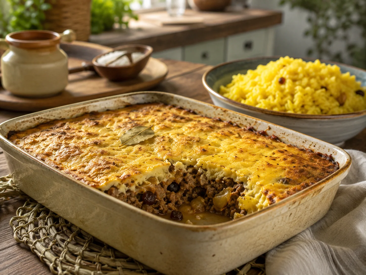 Bobotie sudafricano con cobertura dorada de huevo y arroz