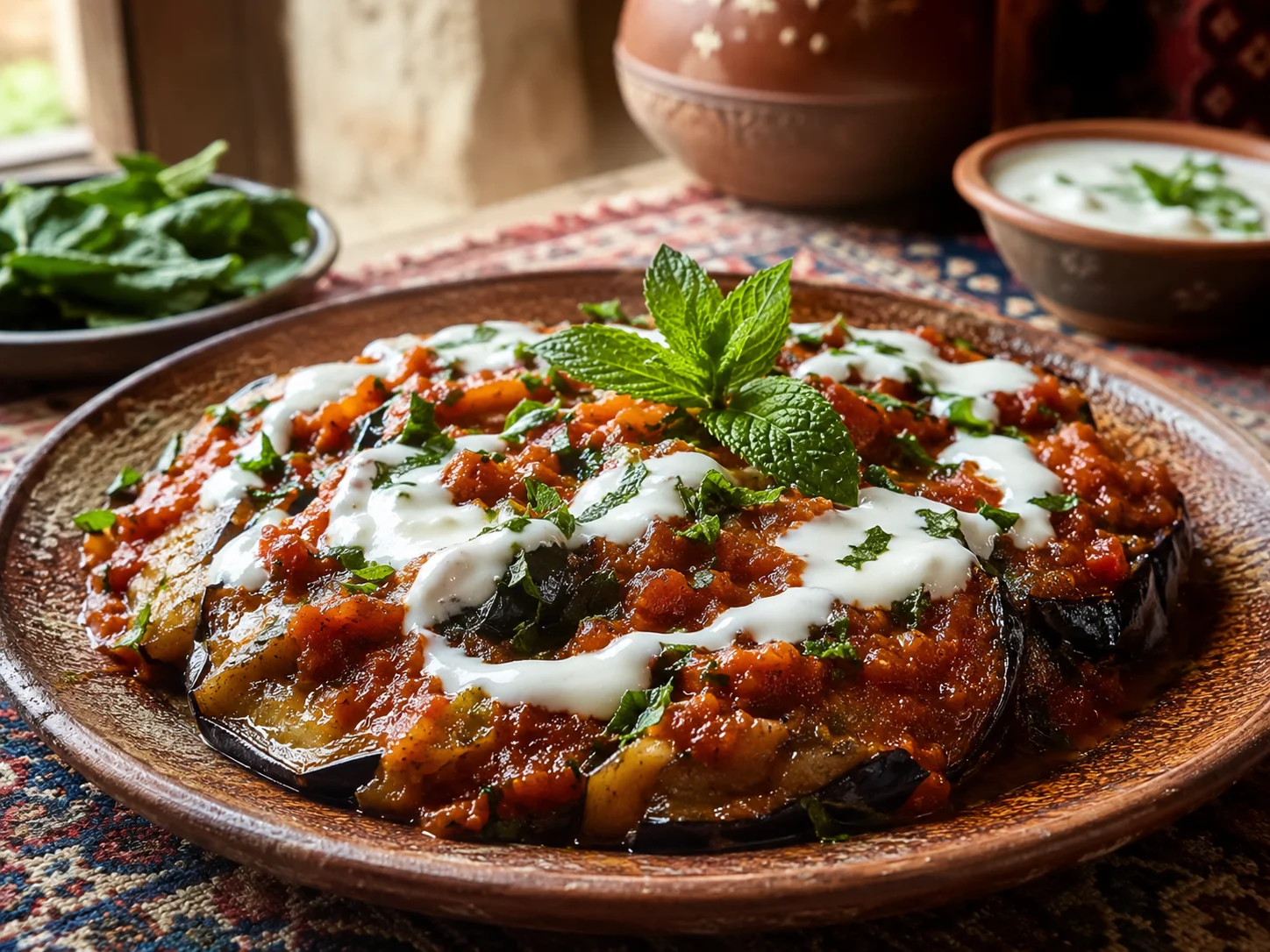 Borani banjan con berenjena en tomate y yogur de ajo