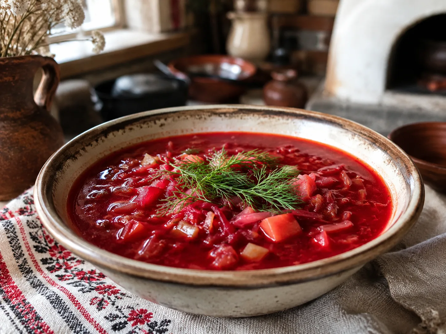 Sopa borsch de remolacha con col y verduras en cuenco