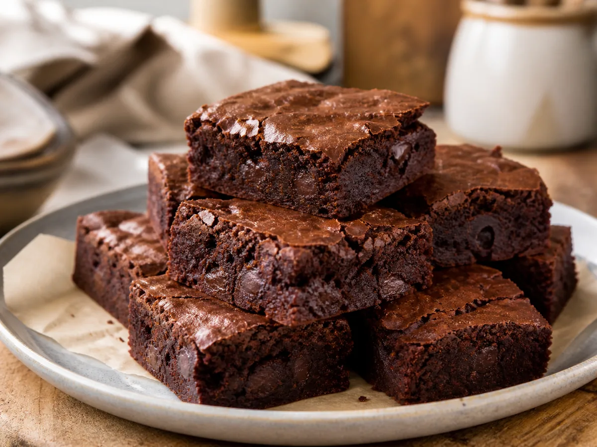 Cuadrados de brownie de chocolate jugoso en un plato