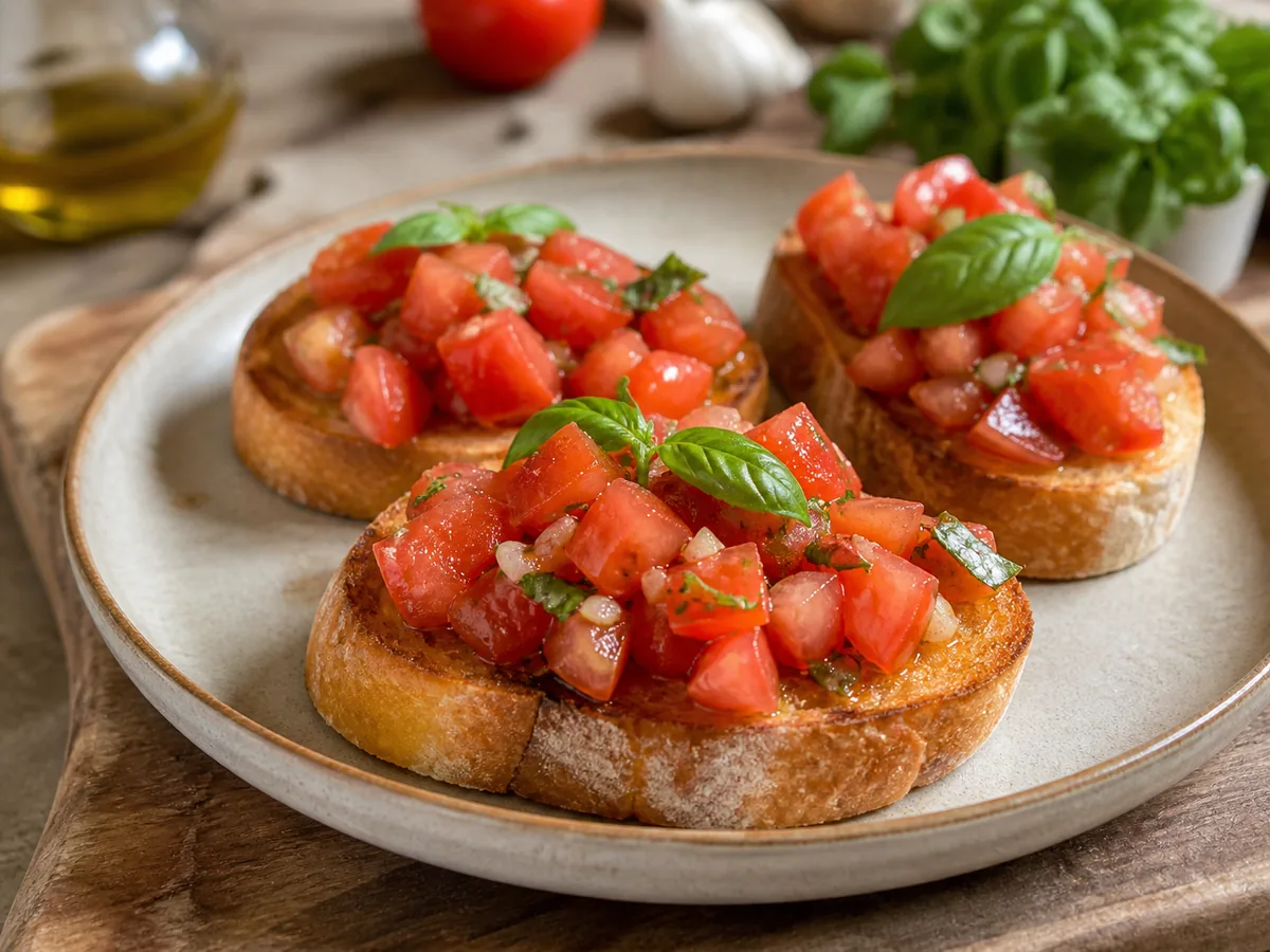 Tomato bruschetta on toasted bread with basil and olive oil