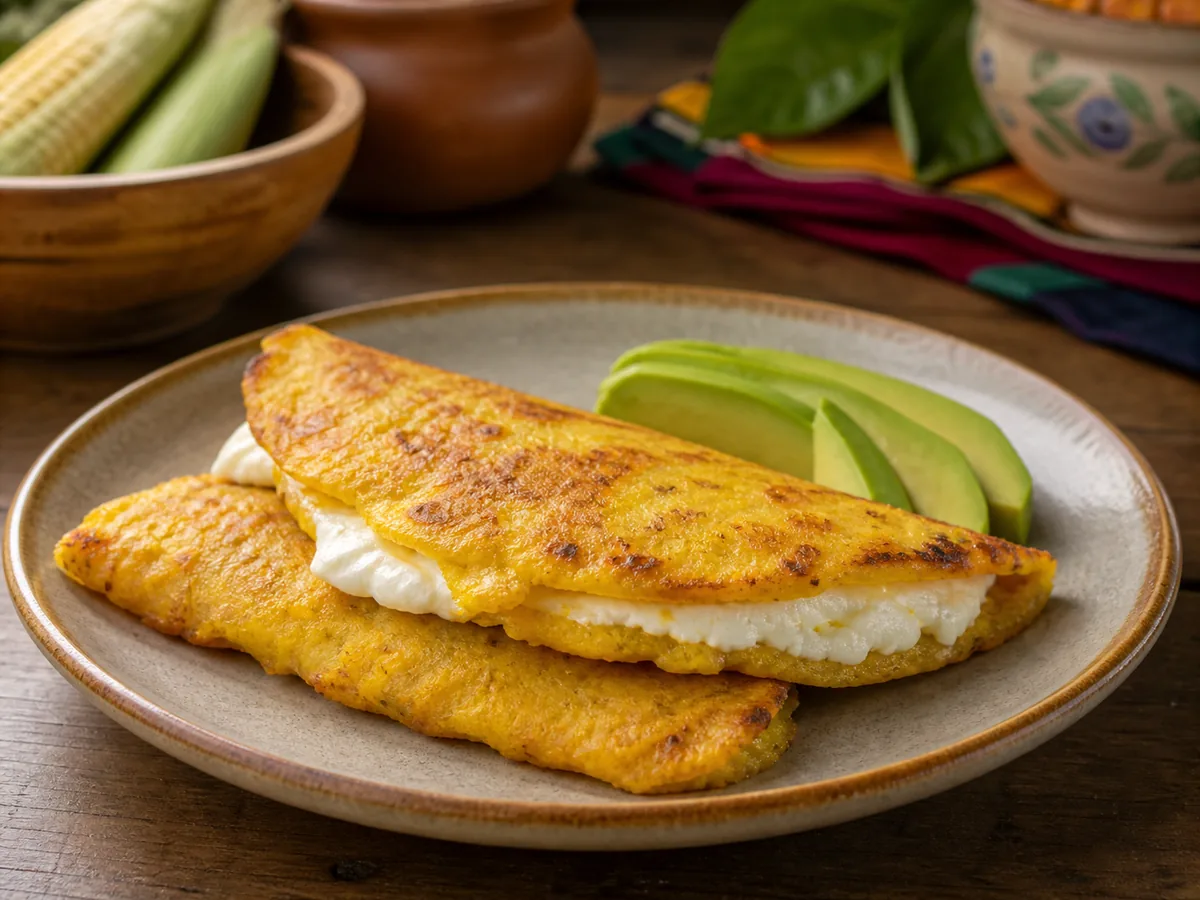 Folded Venezuelan cachapa with cheese filling on a plate