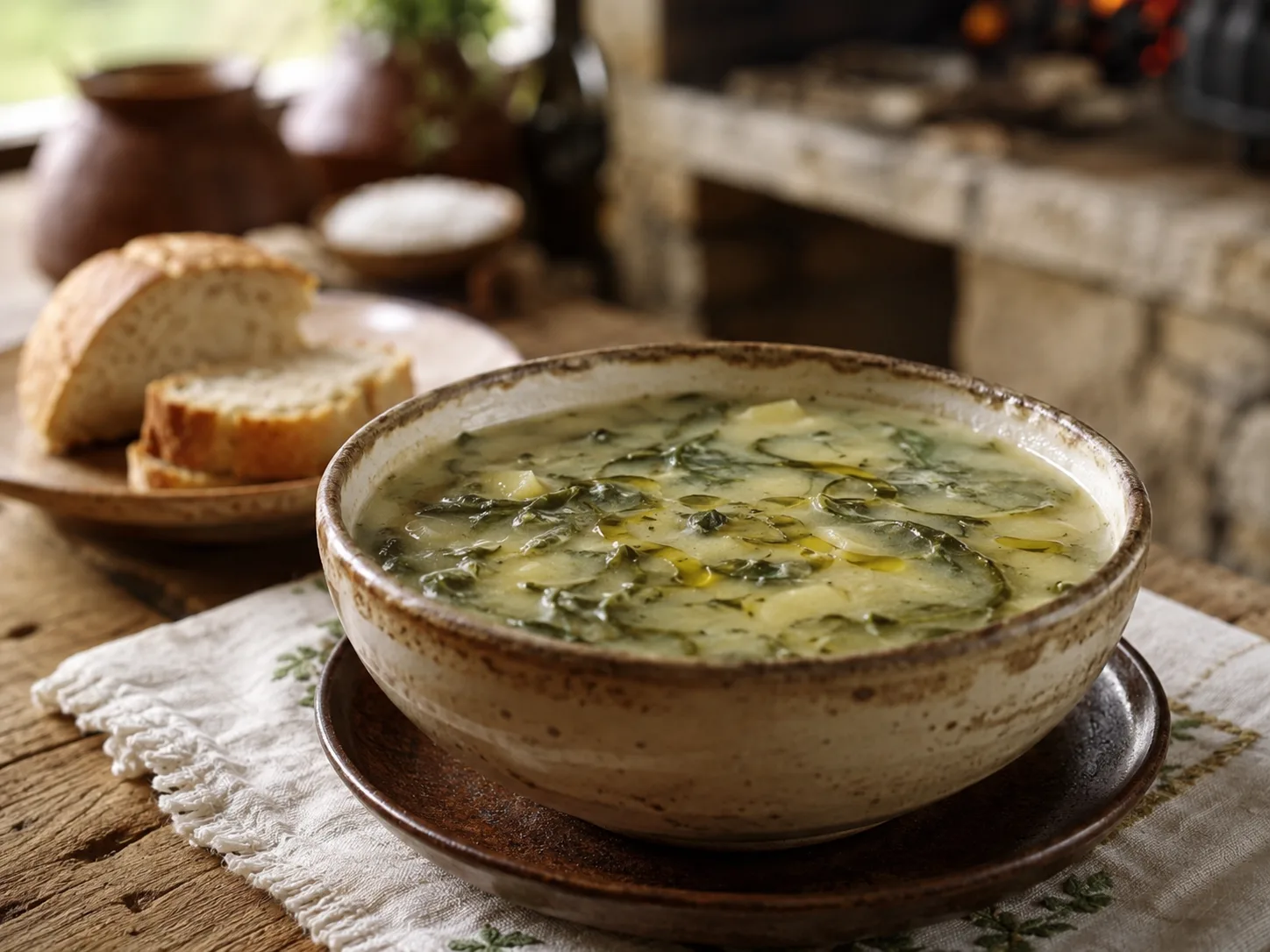 Cuenco de caldo verde con base de patata, hojas verdes y aceite de oliva