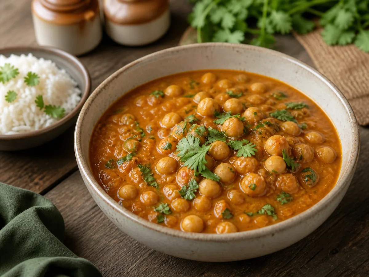 Bowl of chickpea curry with tomato sauce and herbs