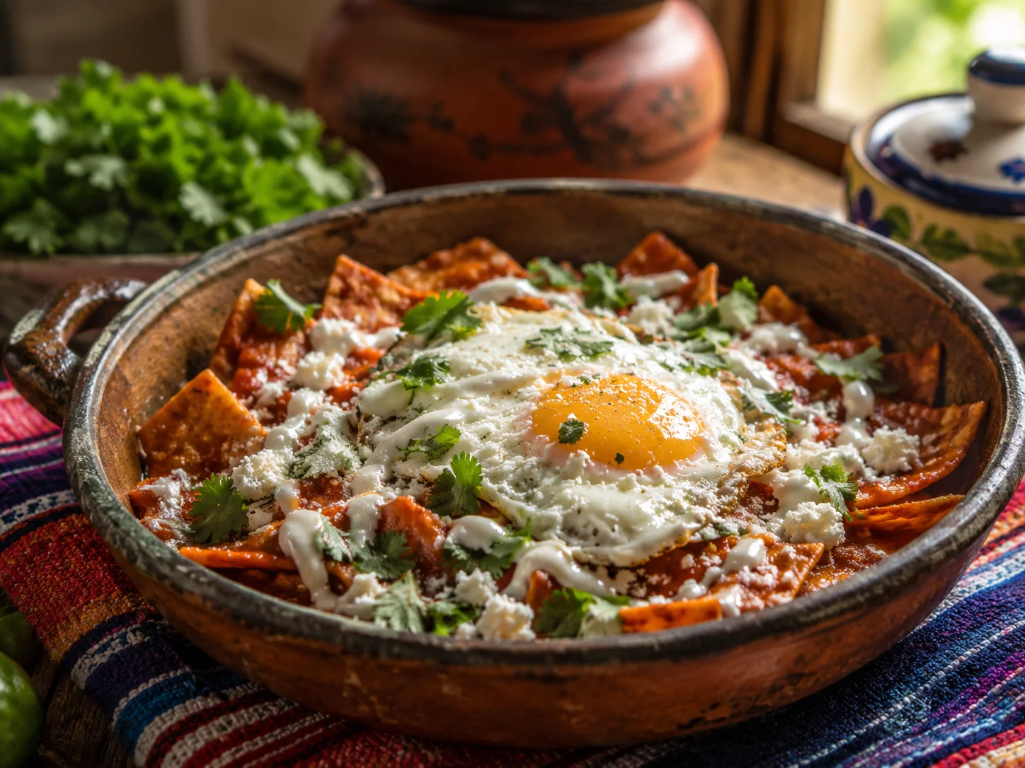 Chilaquiles rojos con huevo, crema, queso y cilantro