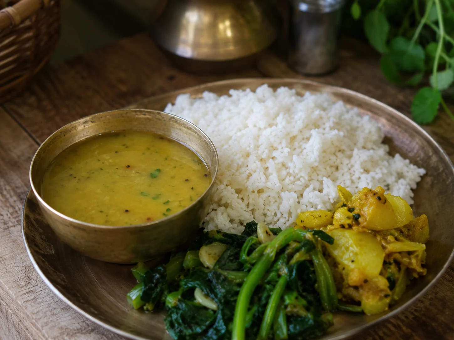 Dal bhat con sopa de lentejas, arroz y verduras