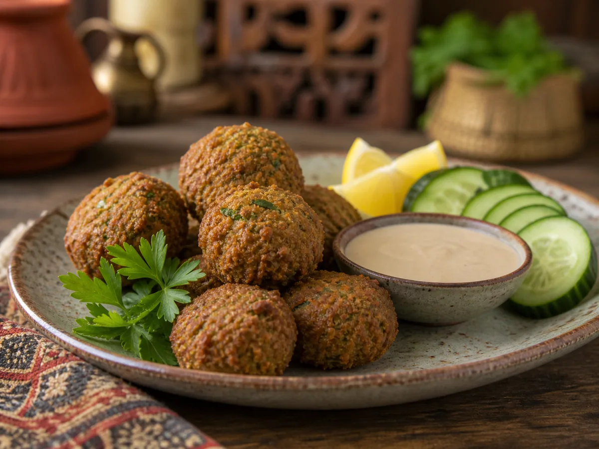 Piezas de falafel con hierbas y salsa tahini en un plato