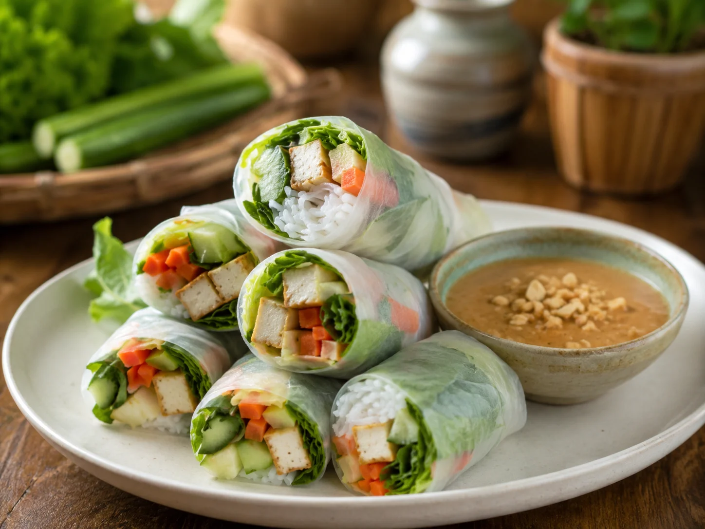 Rollitos vietnamitas de tofu con hierbas y salsa de cacahuete