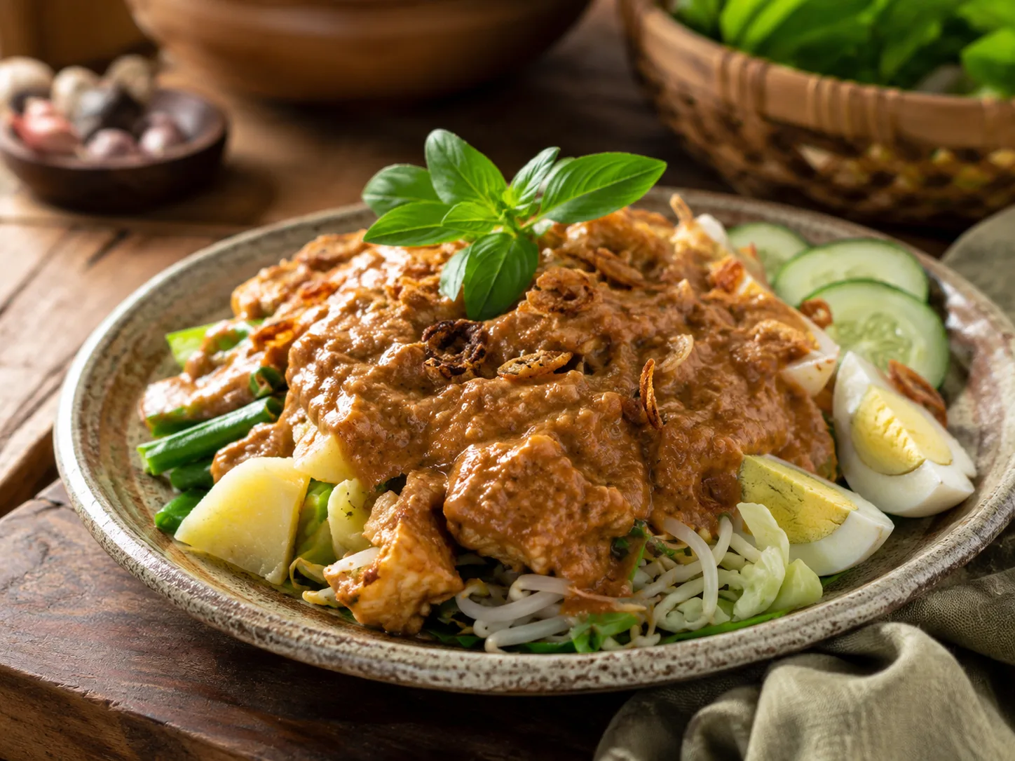 Ensalada gado-gado con verduras, tofu, huevo y salsa de cacahuete