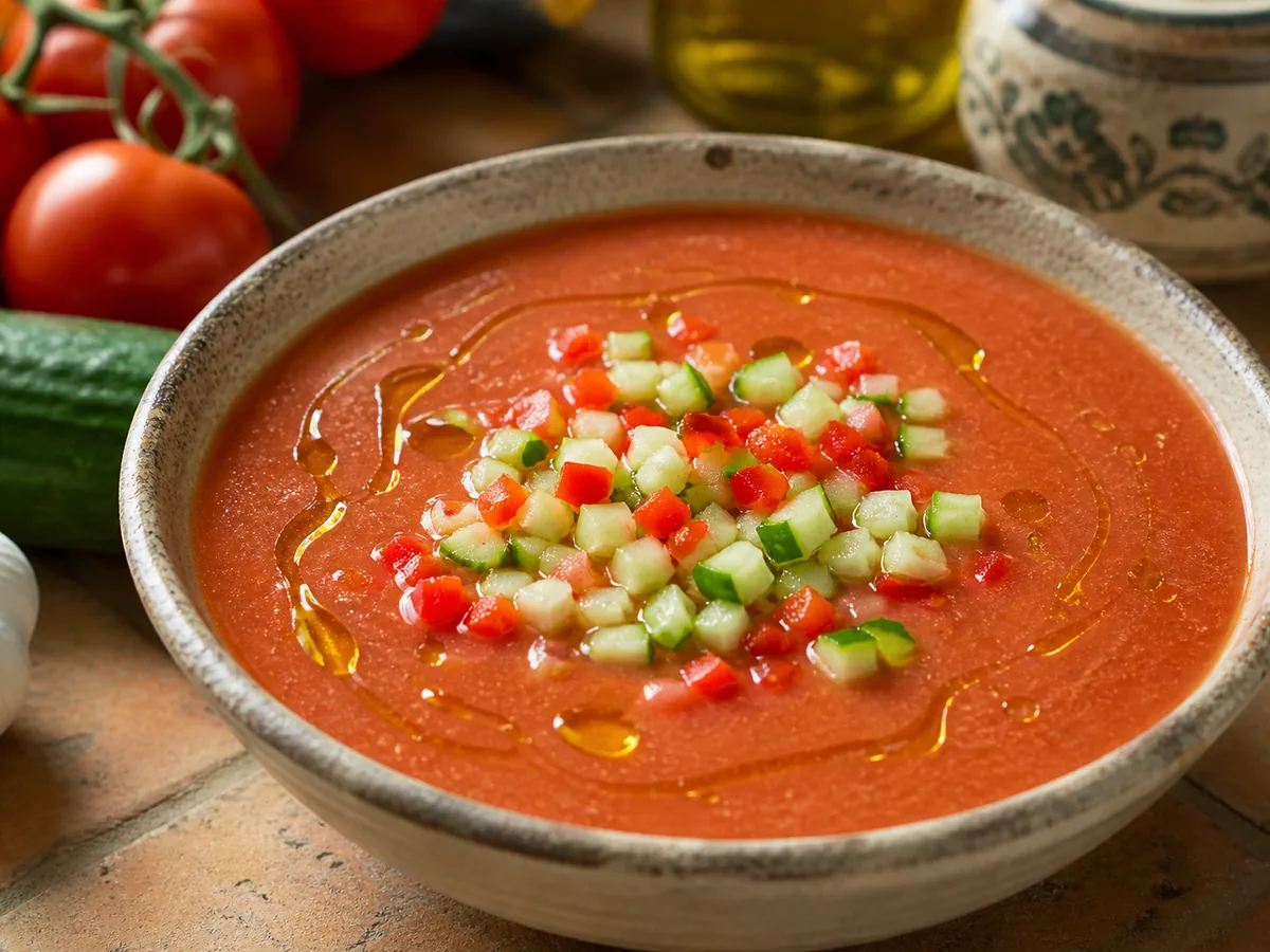 Cold gazpacho in a bowl with diced vegetables and olive oil