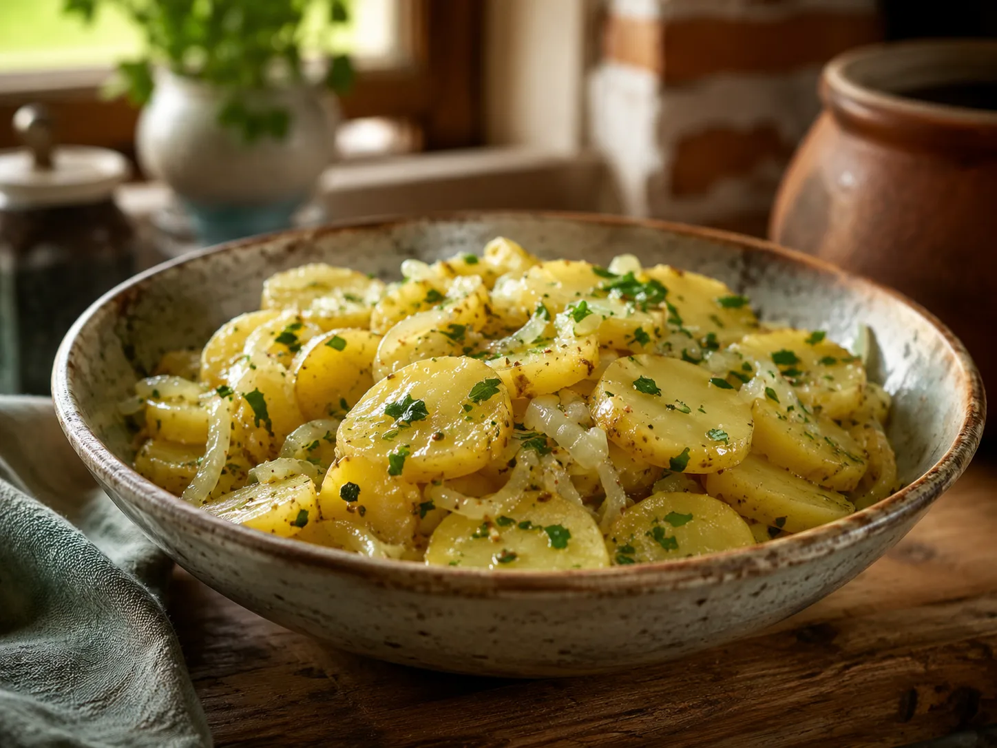 Ensalada alemana de patata templada con cebolla, aliño de mostaza y hierbas