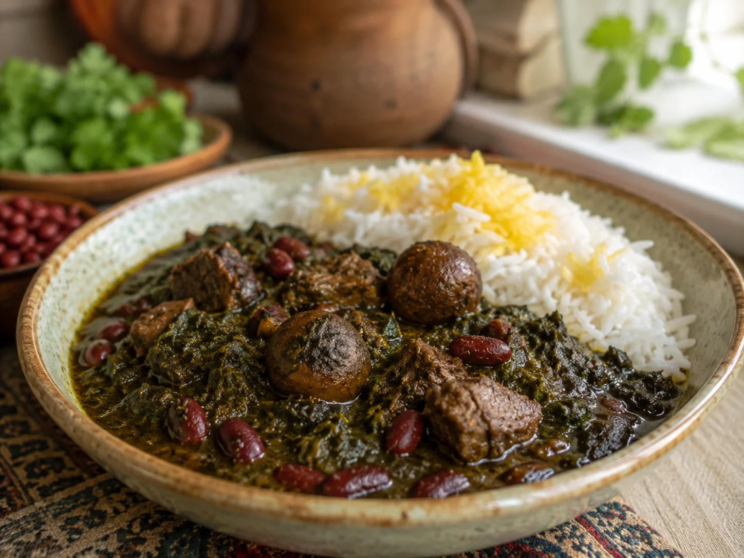 Ghormeh sabzi con hierbas, ternera, alubias y arroz
