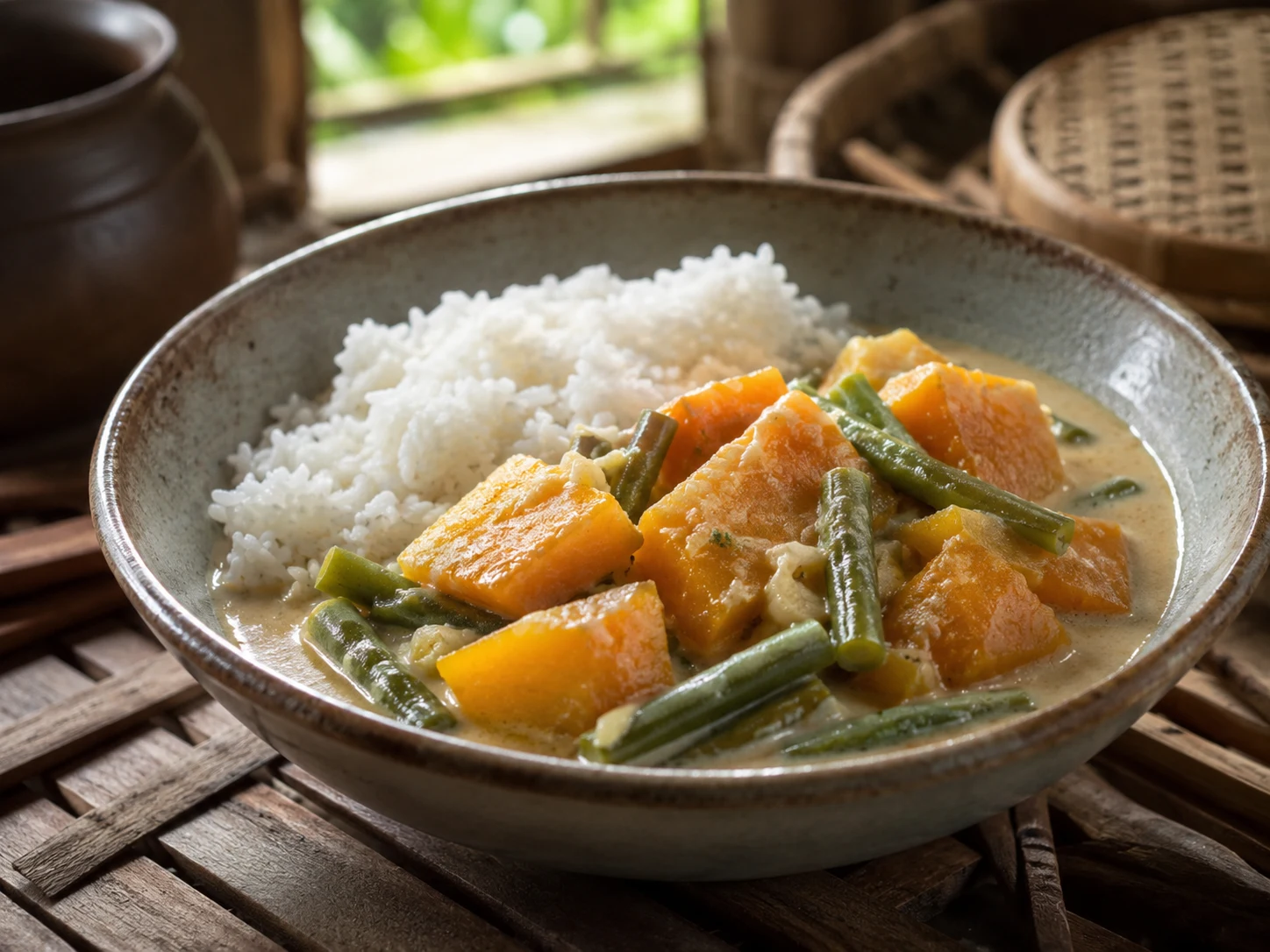 Ginataang kalabasa con calabaza y judías verdes en salsa de coco