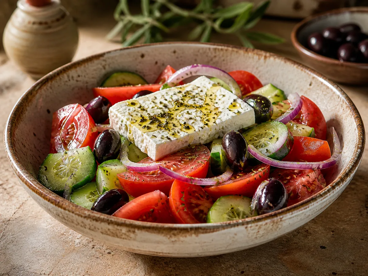Ensalada griega con tomates, pepino, aceitunas, feta y orégano