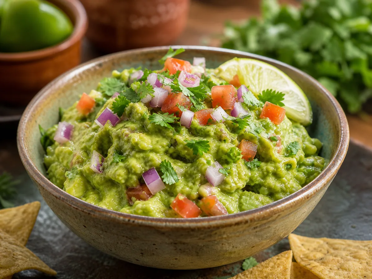 Bowl of guacamole with avocado, lime and cilantro
