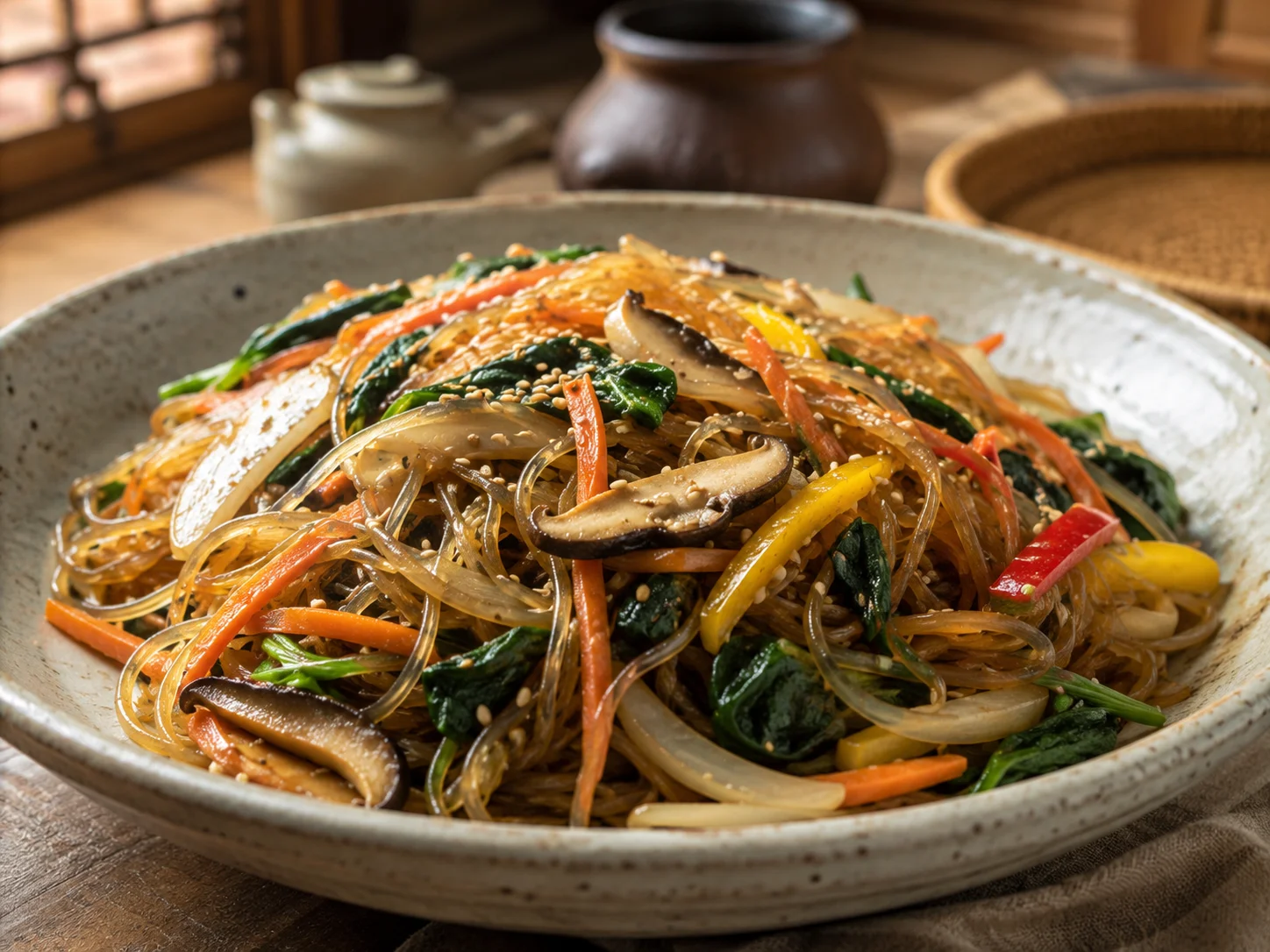 Japchae coreano con fideos, verduras y sésamo