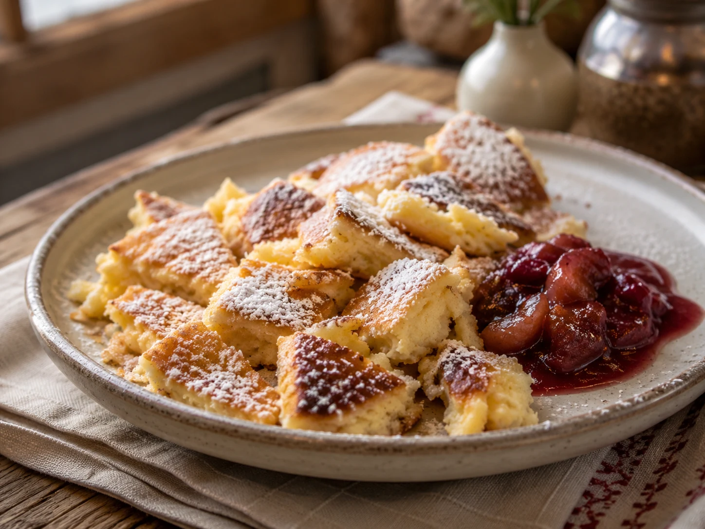 Kaiserschmarrn troceado con azúcar glas y compota de fruta