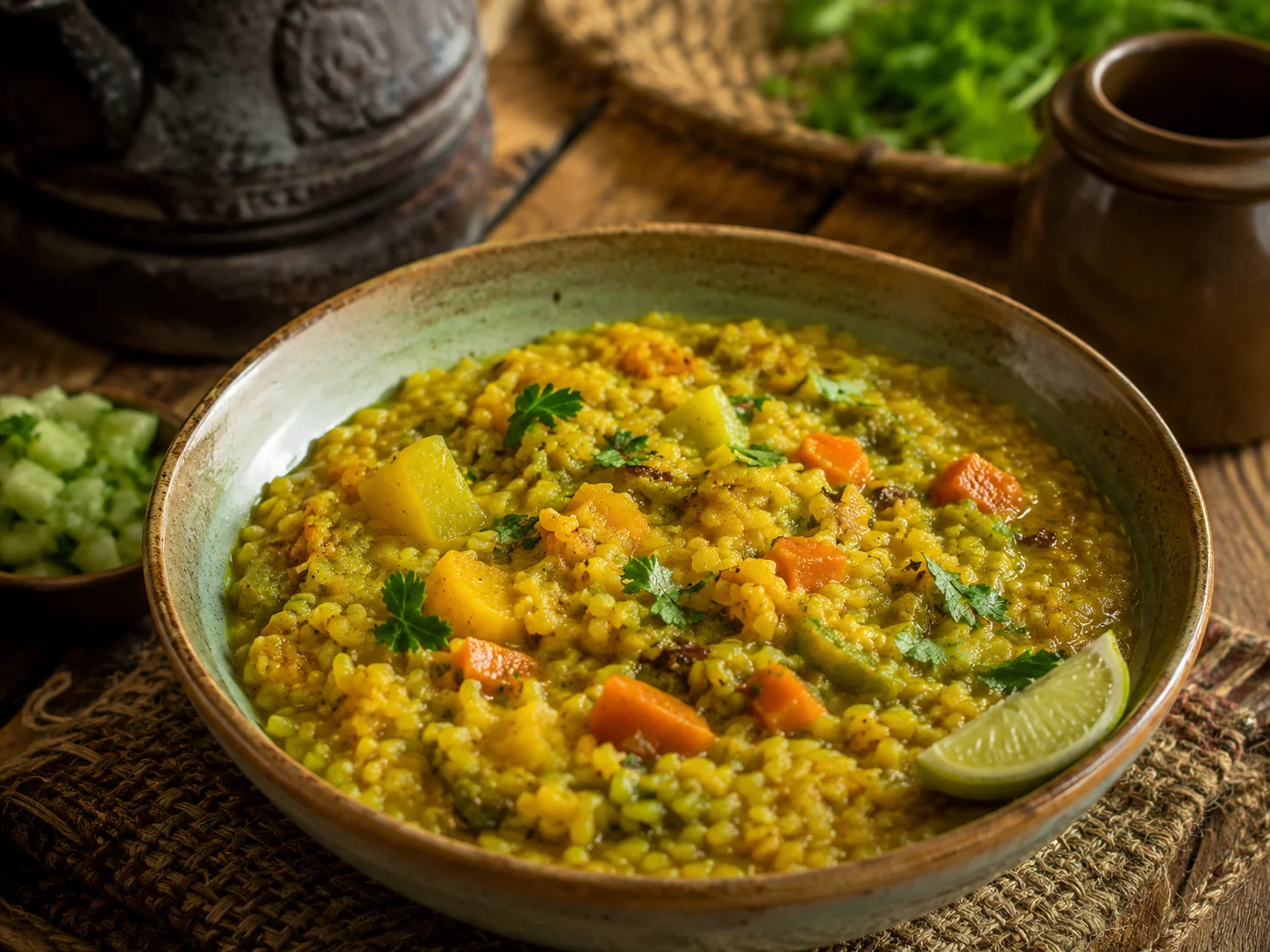 Khichuri con arroz amarillo, lentejas, verduras y cilantro