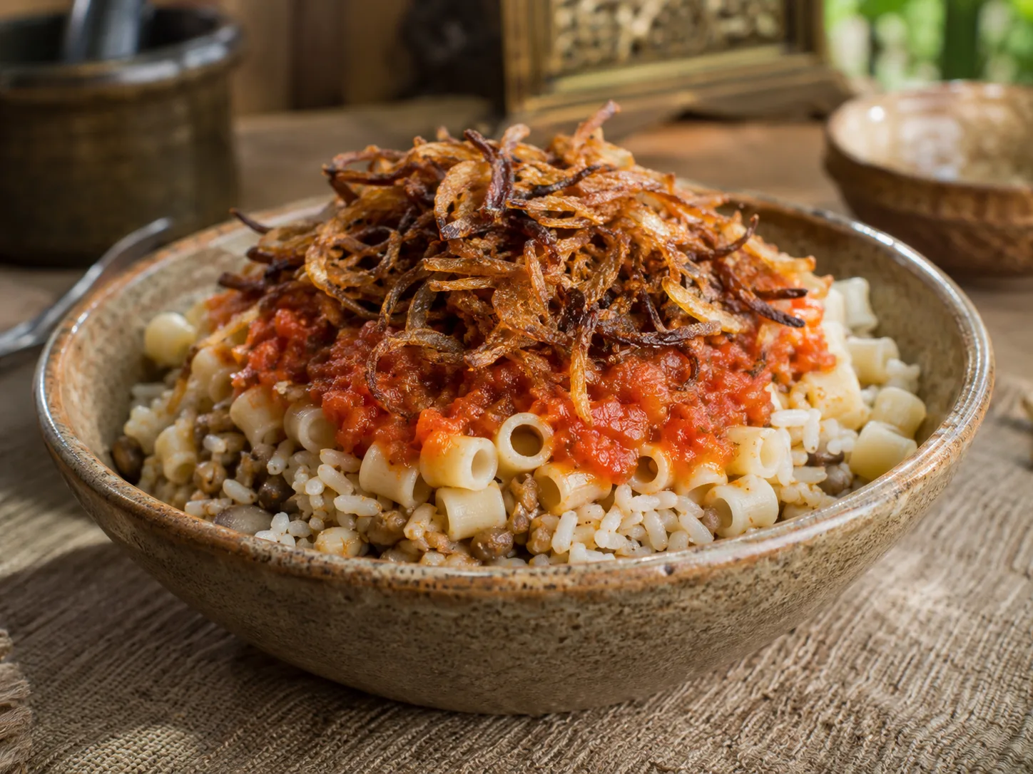 Koshari con arroz, lentejas, pasta, salsa de tomate y cebolla crujiente
