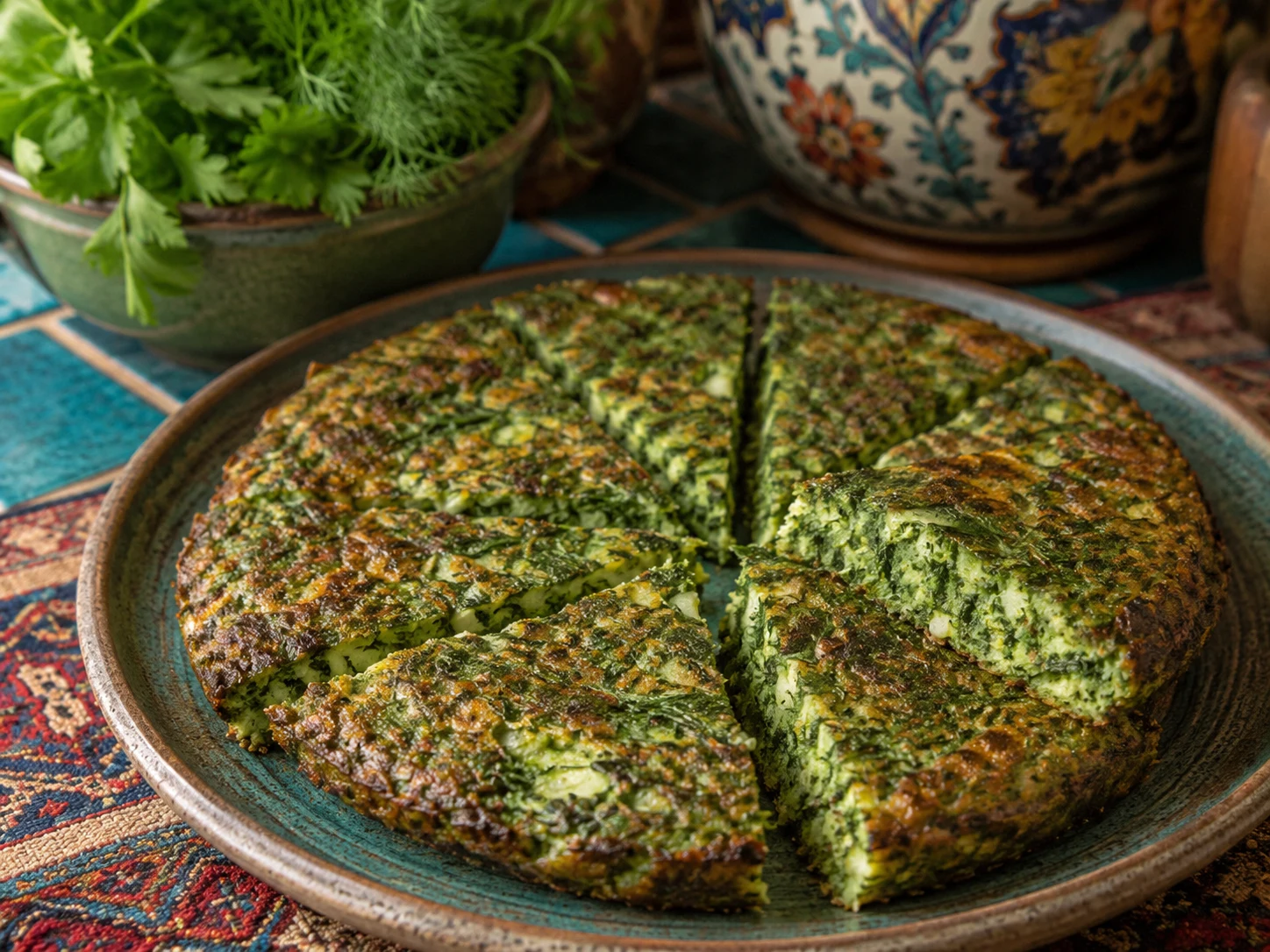 Kuku sabzi cortado en porciones en una sartén