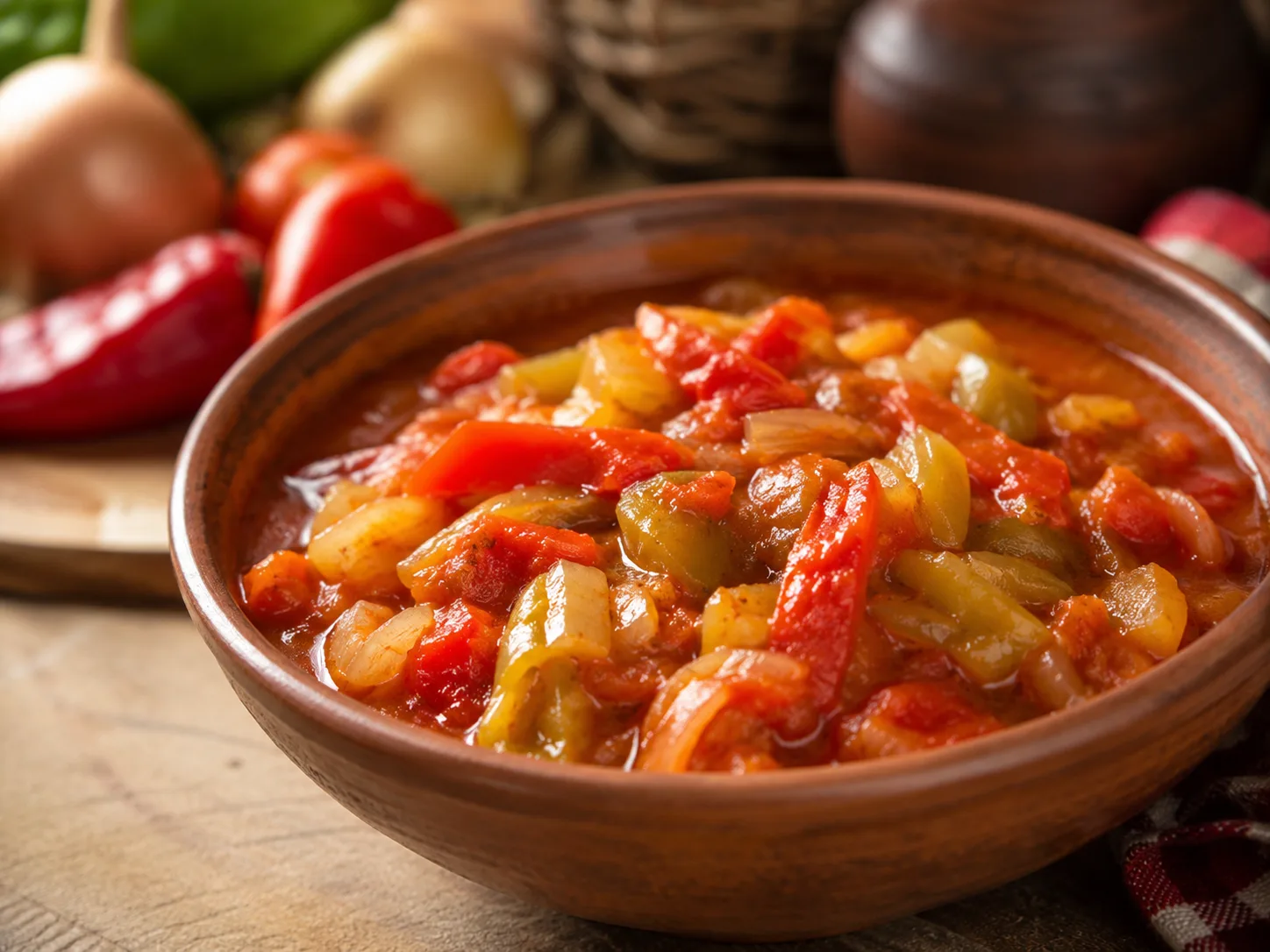 Lecsó con pimientos, tomate, cebolla y pimentón en un cuenco