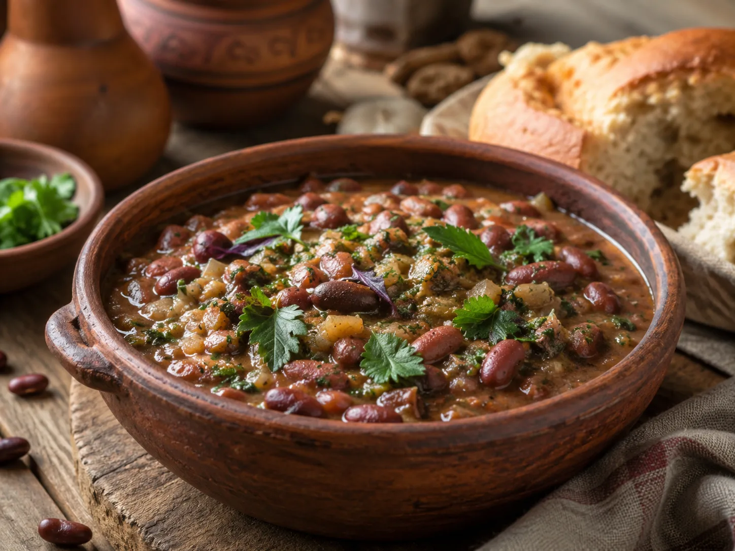 Guiso de alubias lobio con hierbas y cebolla