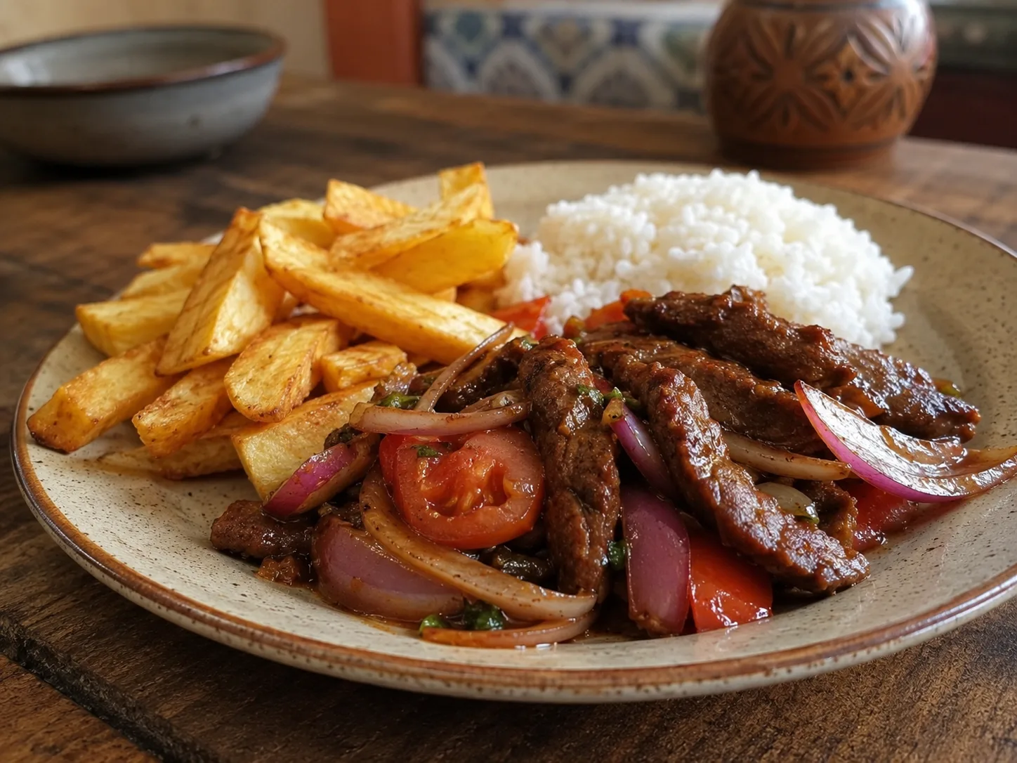 Lomo saltado con ternera, cebolla, tomate y patatas