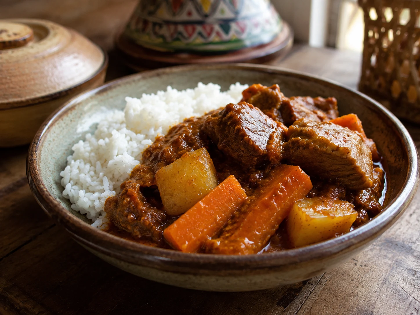 Mafé con ternera, verduras y salsa de cacahuete