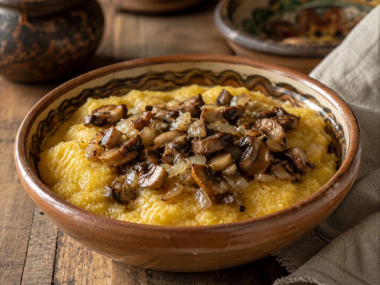 Mămăligă con champiñones y cebolla salteados