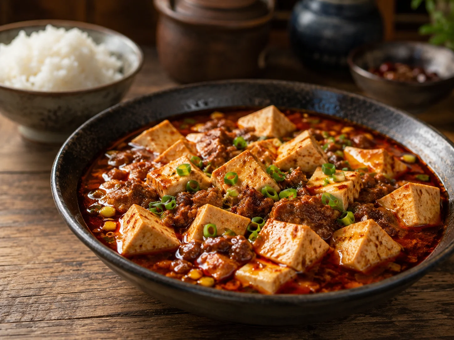 Mapo tofu con dados de tofu, ternera y cebolleta