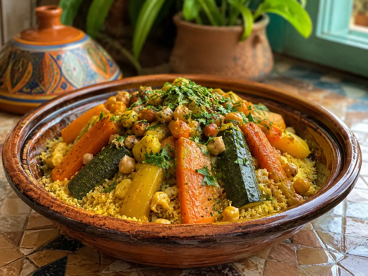 Cuscús de estilo marroquí con verduras, garbanzos y hierbas en un cuenco