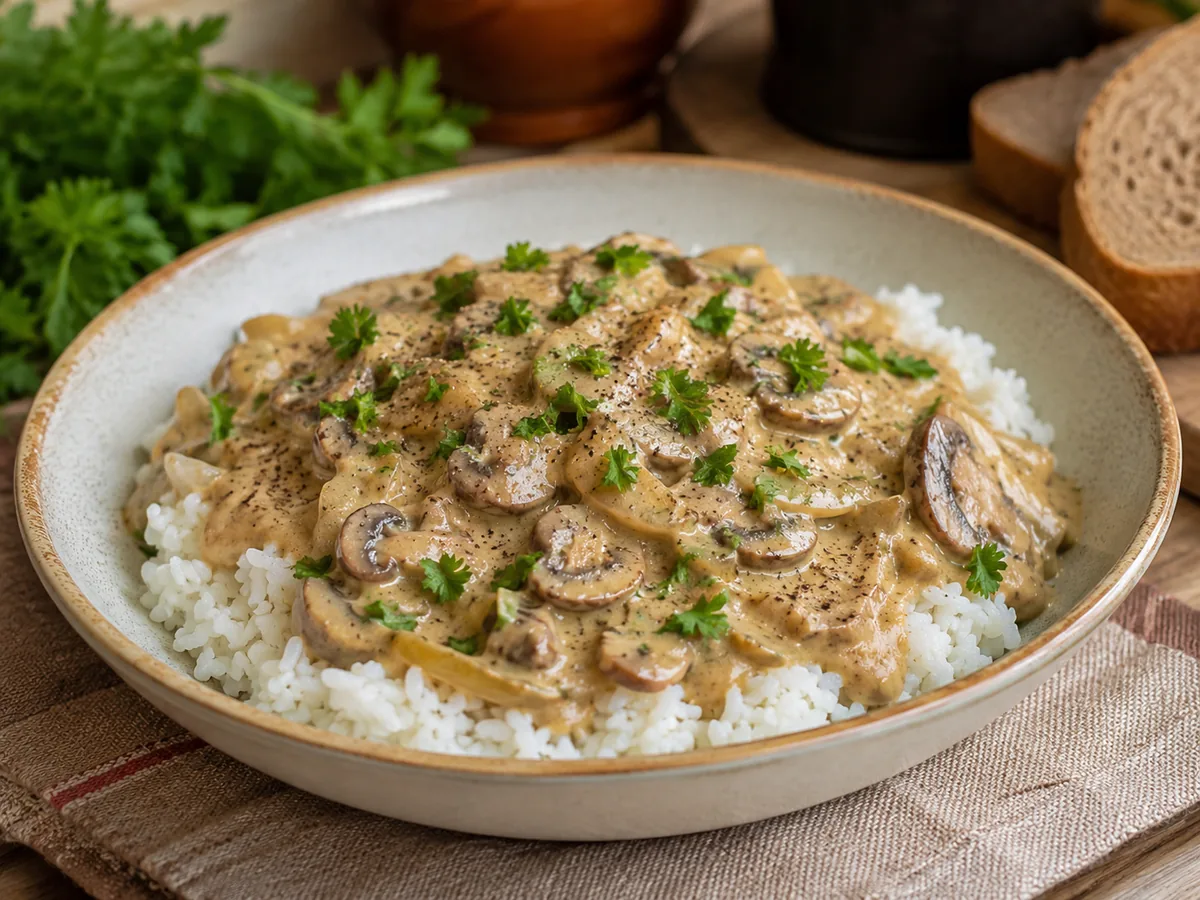 Stroganoff cremoso de champiñones servido con arroz en un cuenco bajo