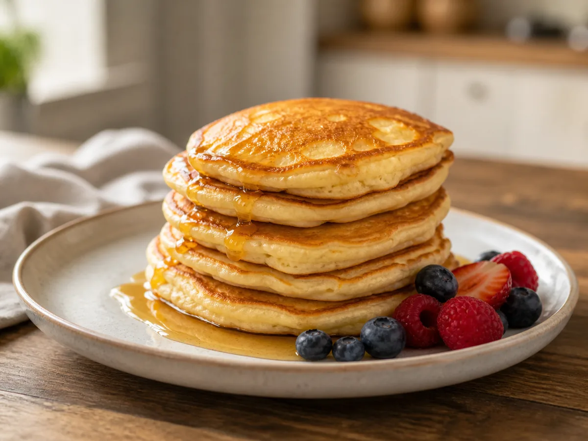 Stack of small pancakes with a golden surface on a breakfast plate