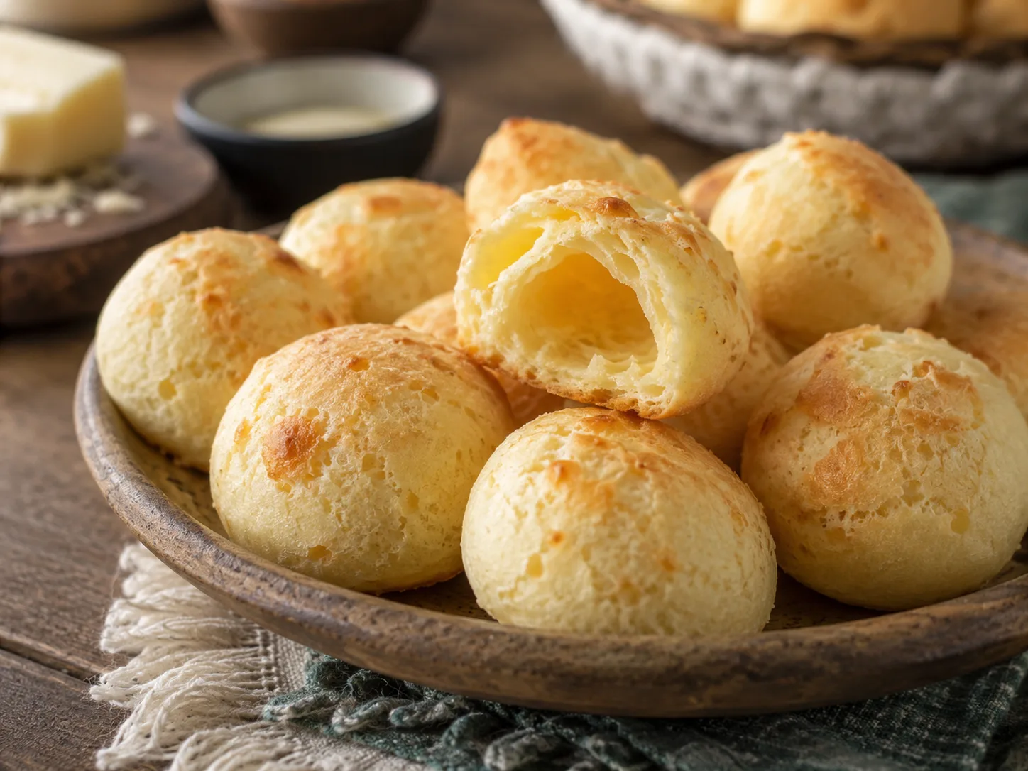 Pão de queijo con corteza dorada crujiente