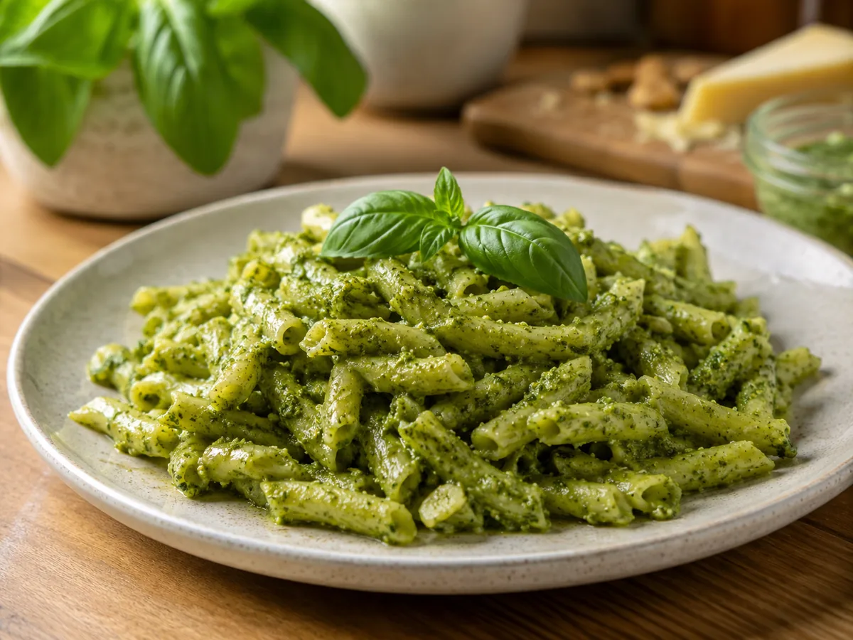 Pasta al pesto en un cuenco con salsa de albahaca y queso rallado