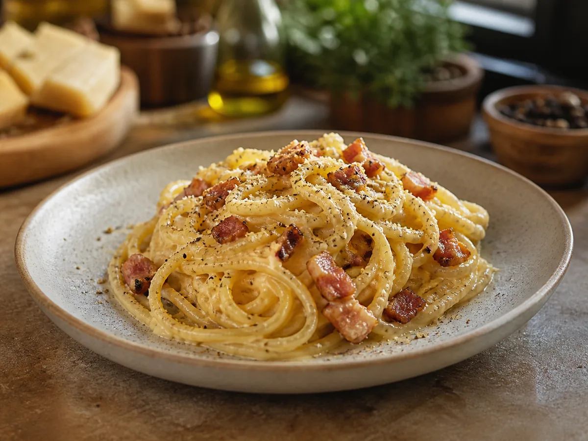 Plato de pasta carbonara con pimienta negra y salsa cremosa