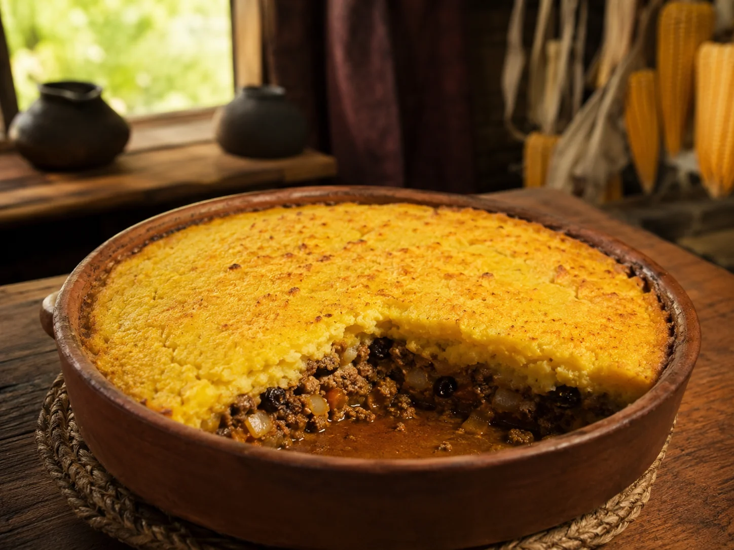 Pastel de choclo chileno con capa dorada de maíz