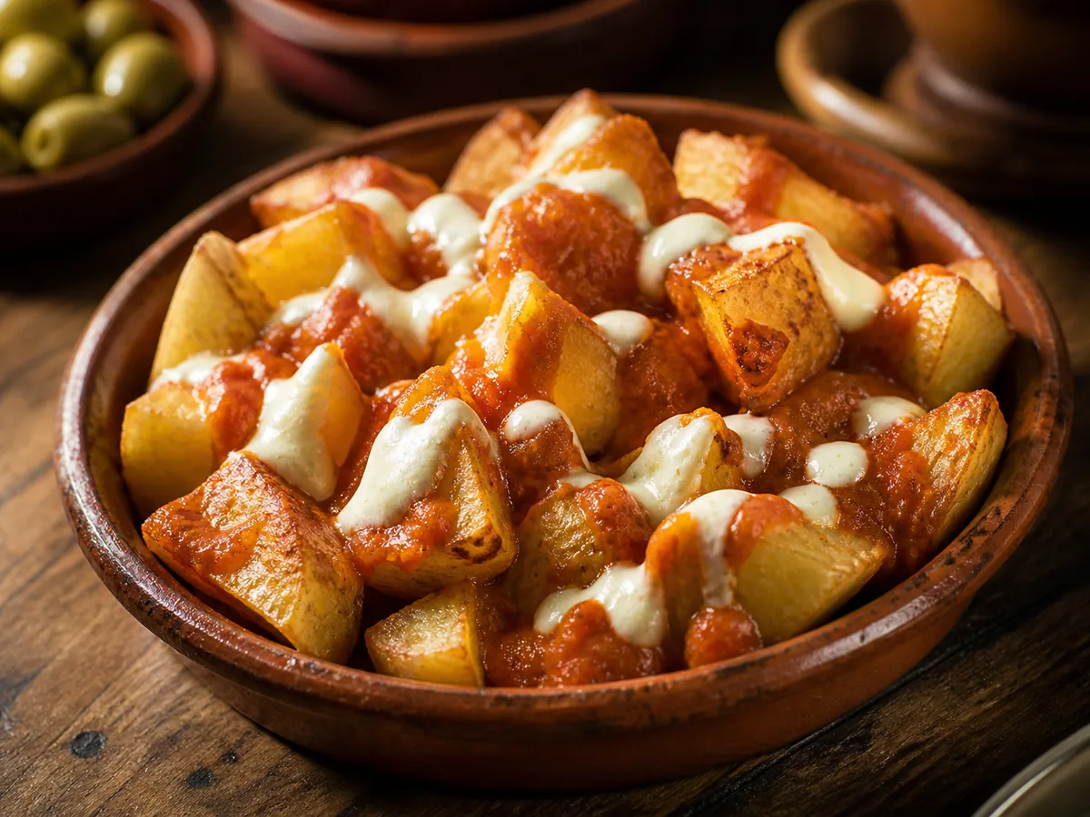 Patatas bravas with red sauce and creamy topping on a plate