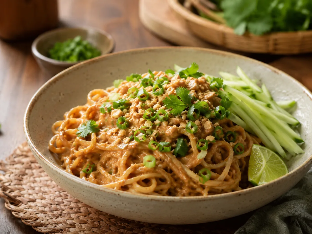 Cuenco de fideos cubiertos con salsa de cacahuete, lima y cebolleta