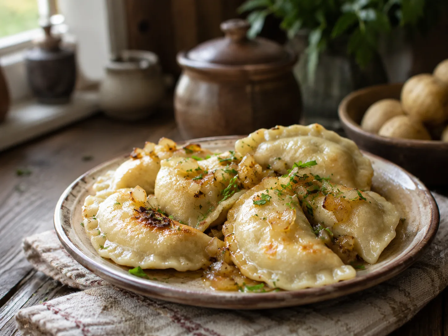 Pierogi ruskie con relleno de patata y queso y cebolla dorada