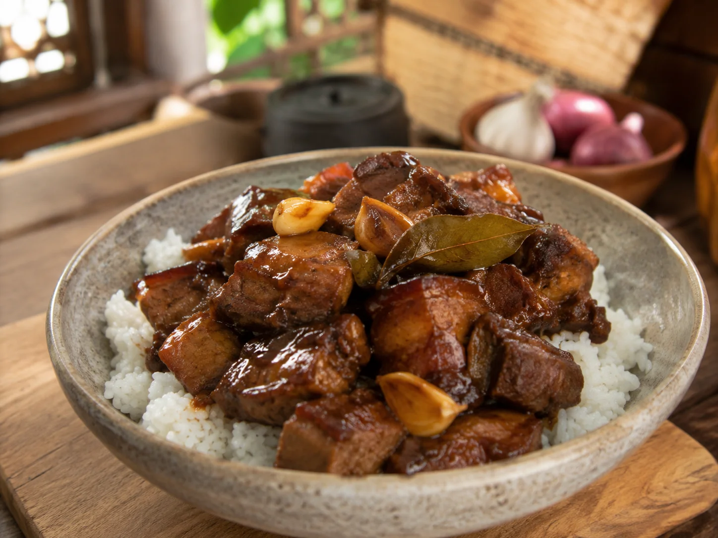 Adobo filipino de cerdo sobre arroz blanco con salsa brillante