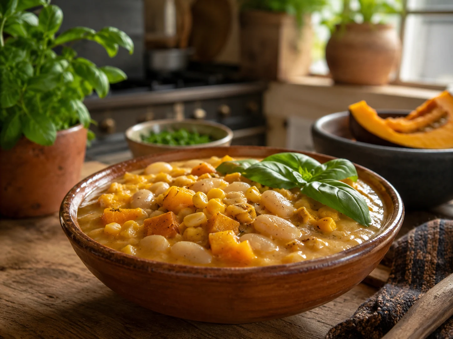Guiso de porotos granados con alubias, maíz y calabaza