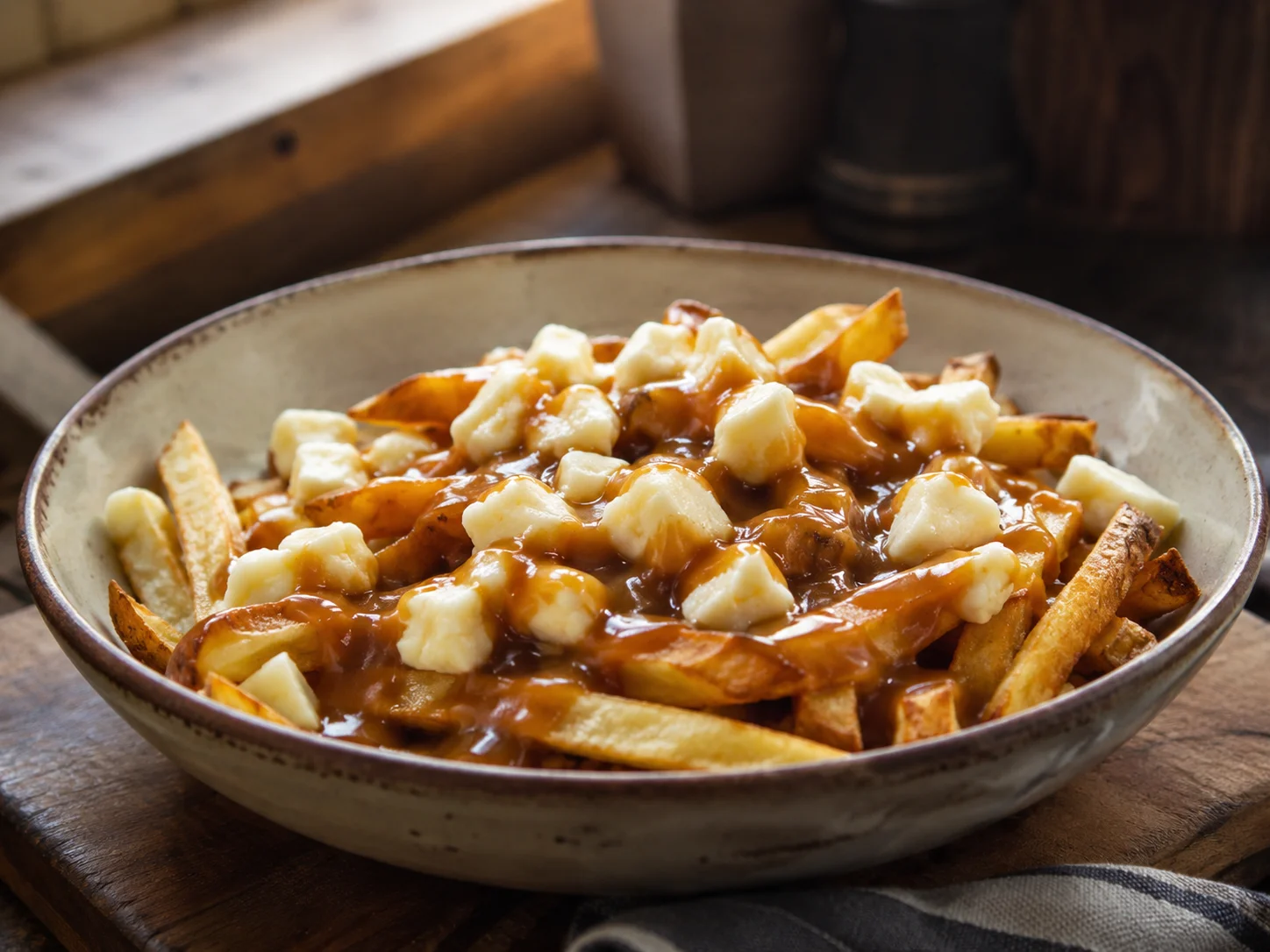 Poutine canadiense con patatas, queso en grano y salsa gravy